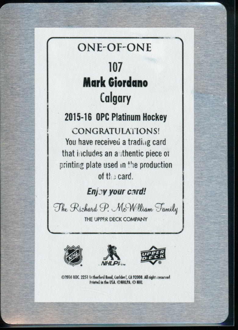2016 Upper Deck O - Pee - Chee Platinum Mark Giordano Printing Plate 1/1 Flames - Trading Card Market