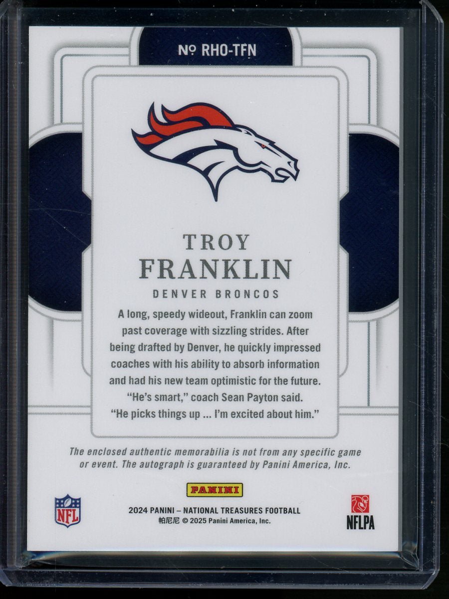 2024 Panini National Treasures Troy Franklin Rookie Hats Off Autograph Patch /5 Broncos - Trading Card Market