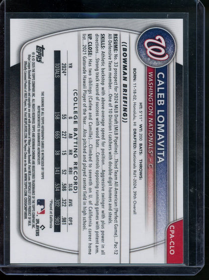 2025 Bowman Chrome Caleb Lomavita 1st Blue X - Fractor Autograph /150 Nationals - Trading Card Market
