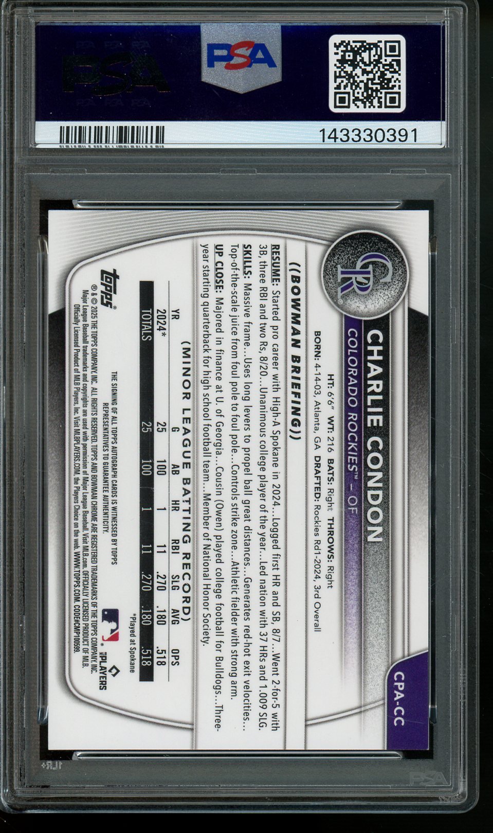 2025 Bowman Chrome Charlie Condon 1st Bowman Speckle Autograph /299 PSA 9 Rockies - Trading Card Market