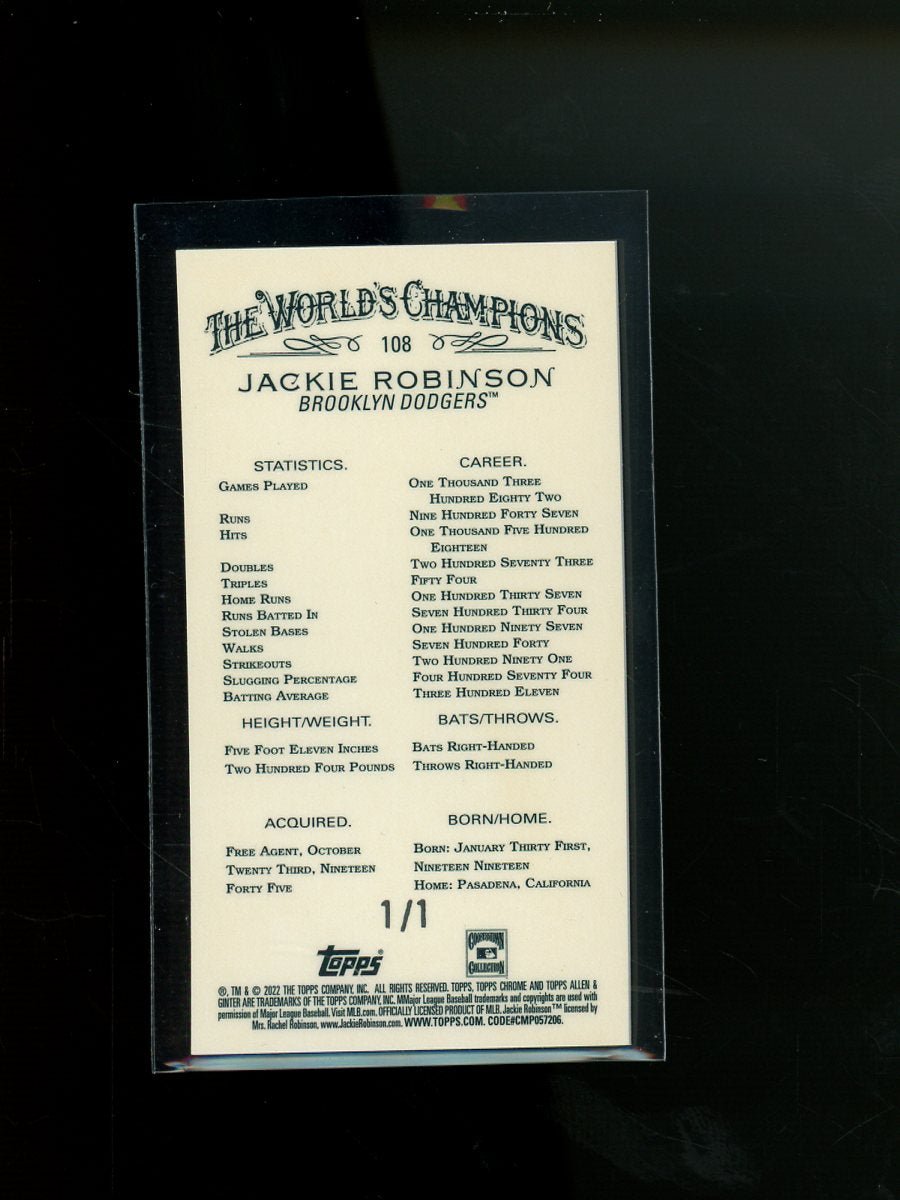 2022 Topps Allen and Ginter Jackie Robinson Mini Gold Vinyl 1/1 Dodgers - Trading Card Market