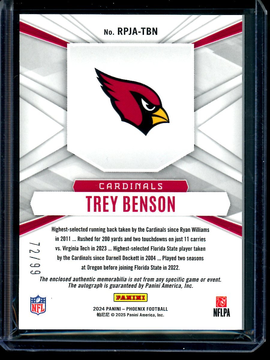 2024 Panini Phoenix Trey Benson Rookie Phenom Patch Autograph /99 Cardinals - Trading Card Market