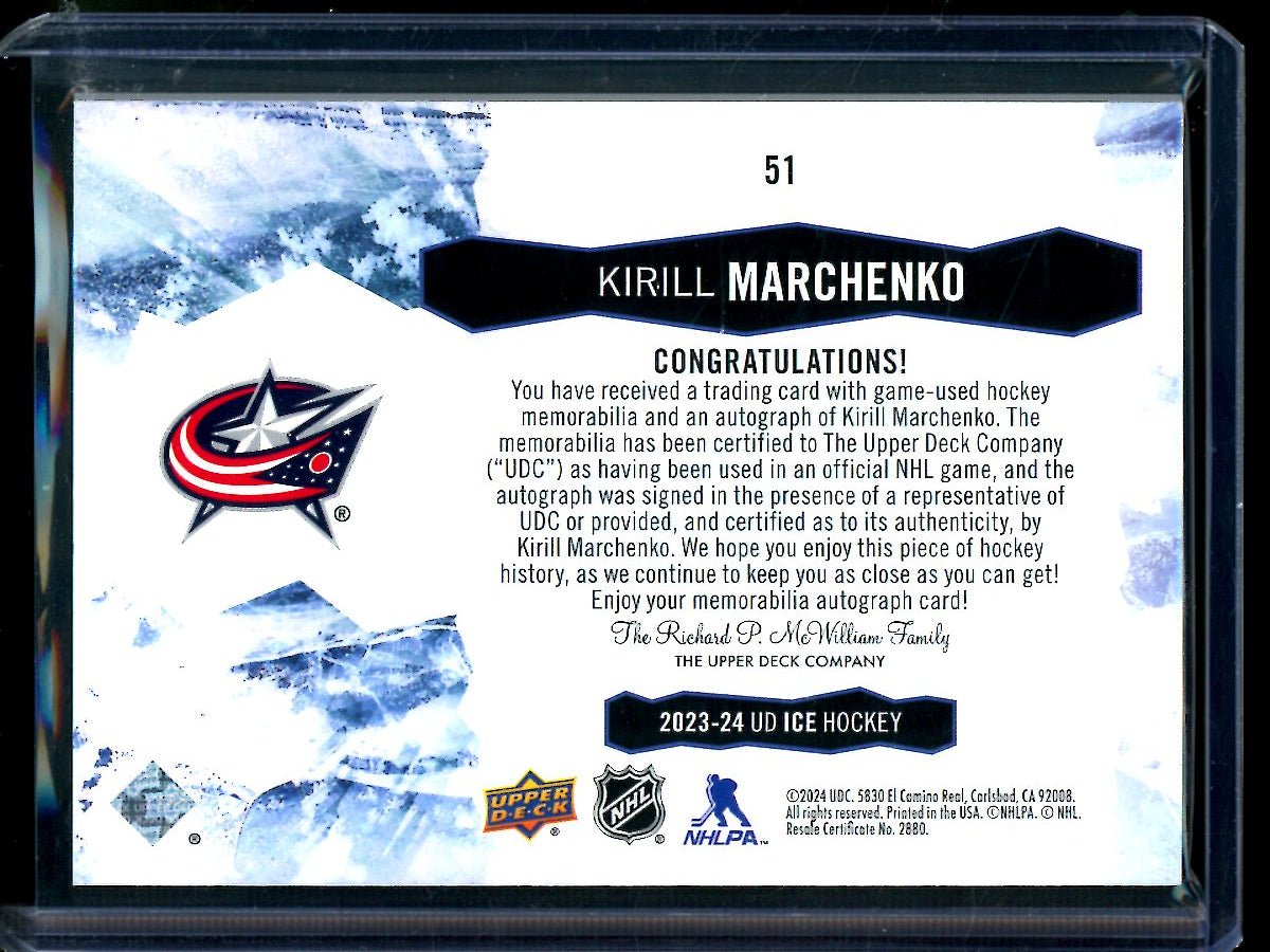 2024 Upper Deck Ice Kirill Marchenko Patch Relic Autograph /49 Stars Blue Jackets - Trading Card Market