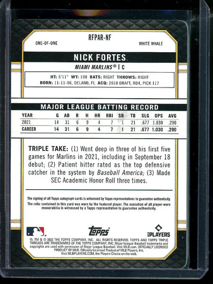 2022 Topps Triple Threads Nick Fortes White Whale Triple Relic Rookie Autograph 1/1 Marlins - Trading Card Market