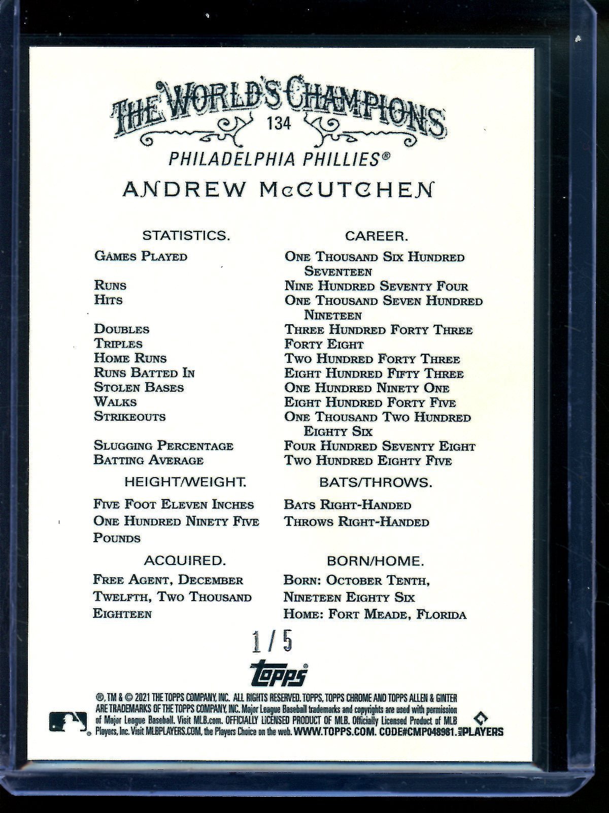 2021 Topps Allen and Ginter Chrome Andrew McCutchen Red Refractor /5 Phillies - Trading Card Market