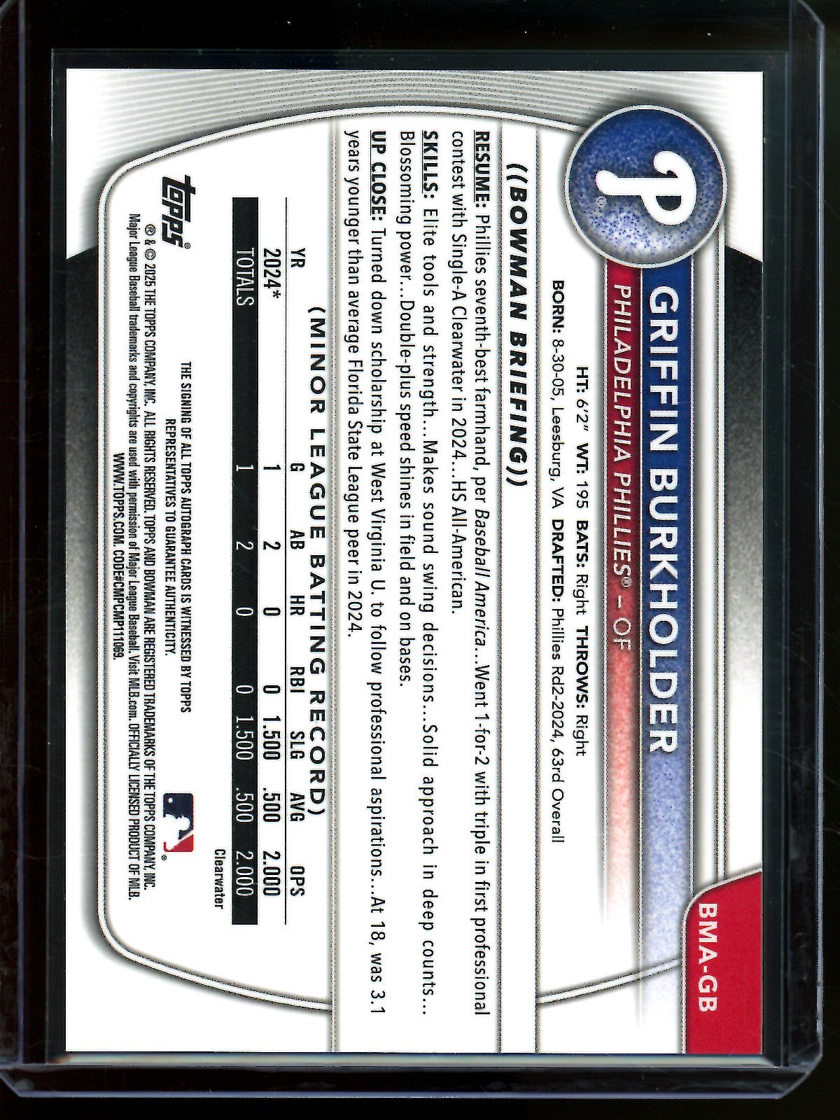 2025 Bowman Chrome Griffin Burkholder Blue Mojo Autograph /150 Phillies - Trading Card Market
