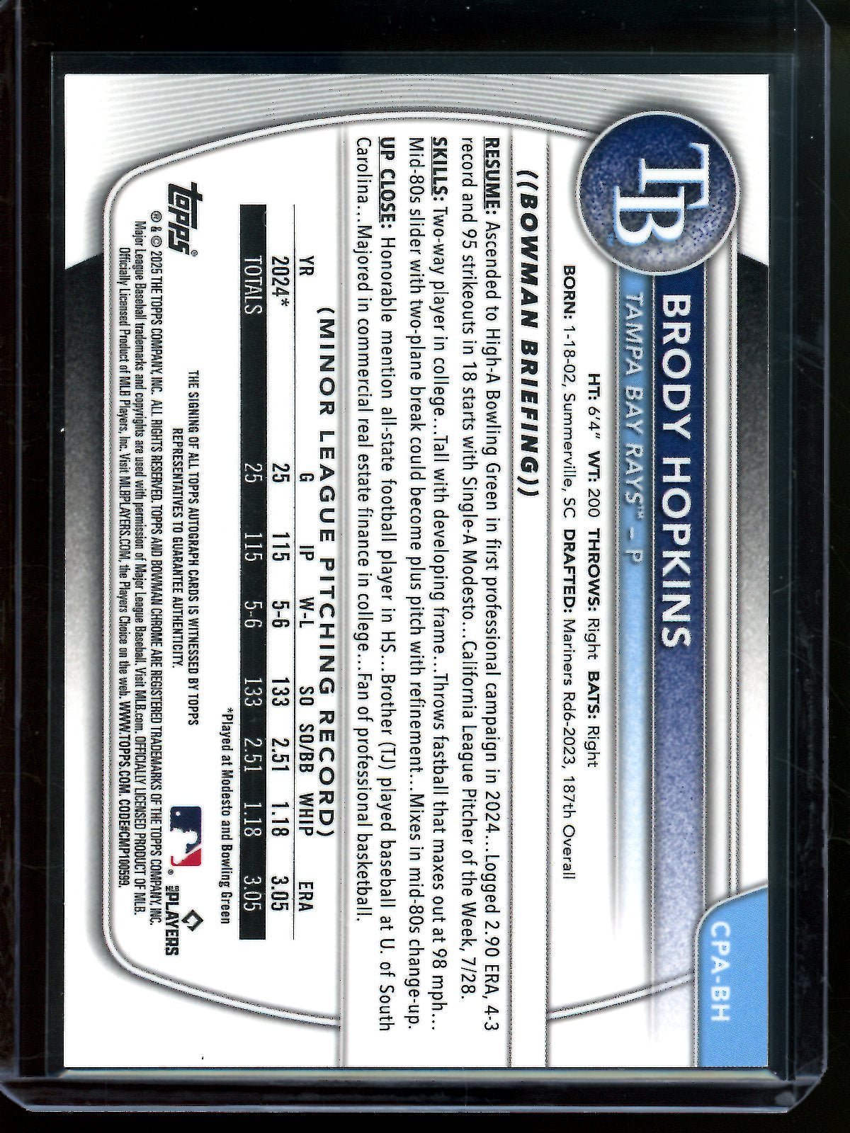 2025 Bowman Chrome Brody Hopkins 1st Autograph Rays - Trading Card Market