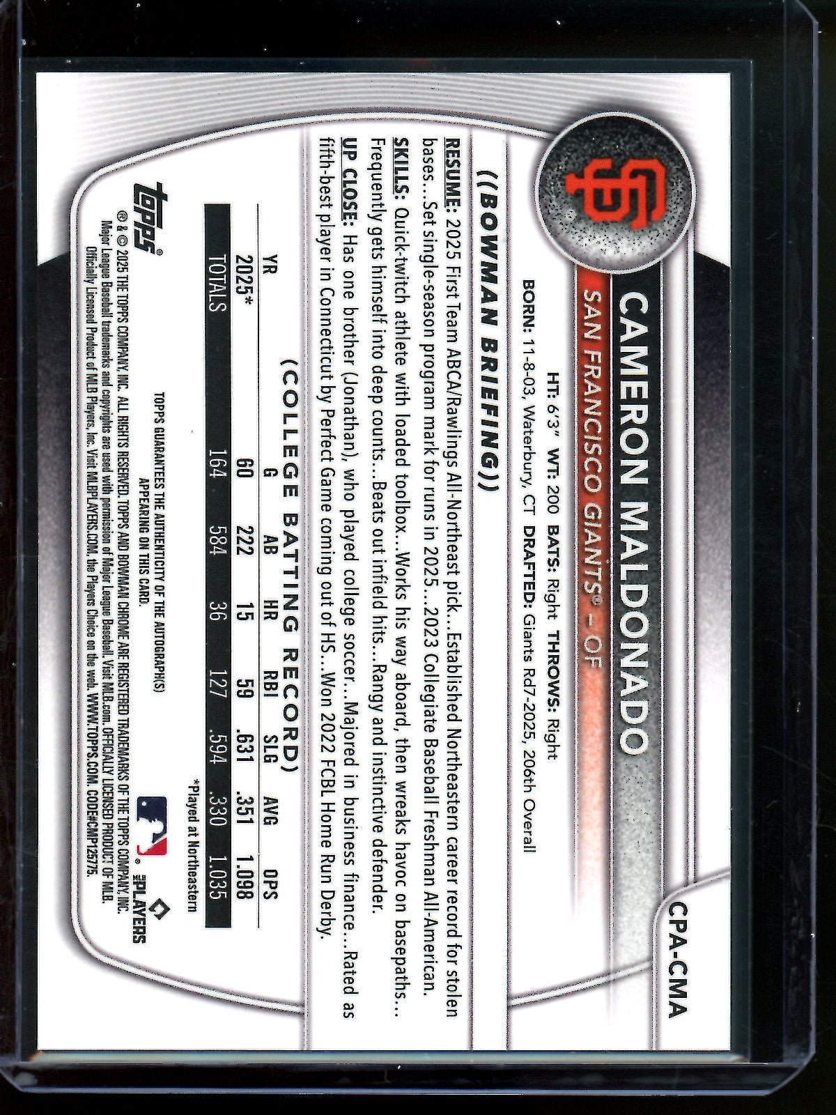 2025 Bowman Chrome Cameron Maldonado 1st Autograph Giants - Trading Card Market