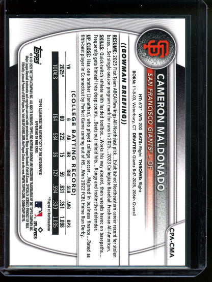 2025 Bowman Chrome Cameron Maldonado 1st Autograph Giants - Trading Card Market