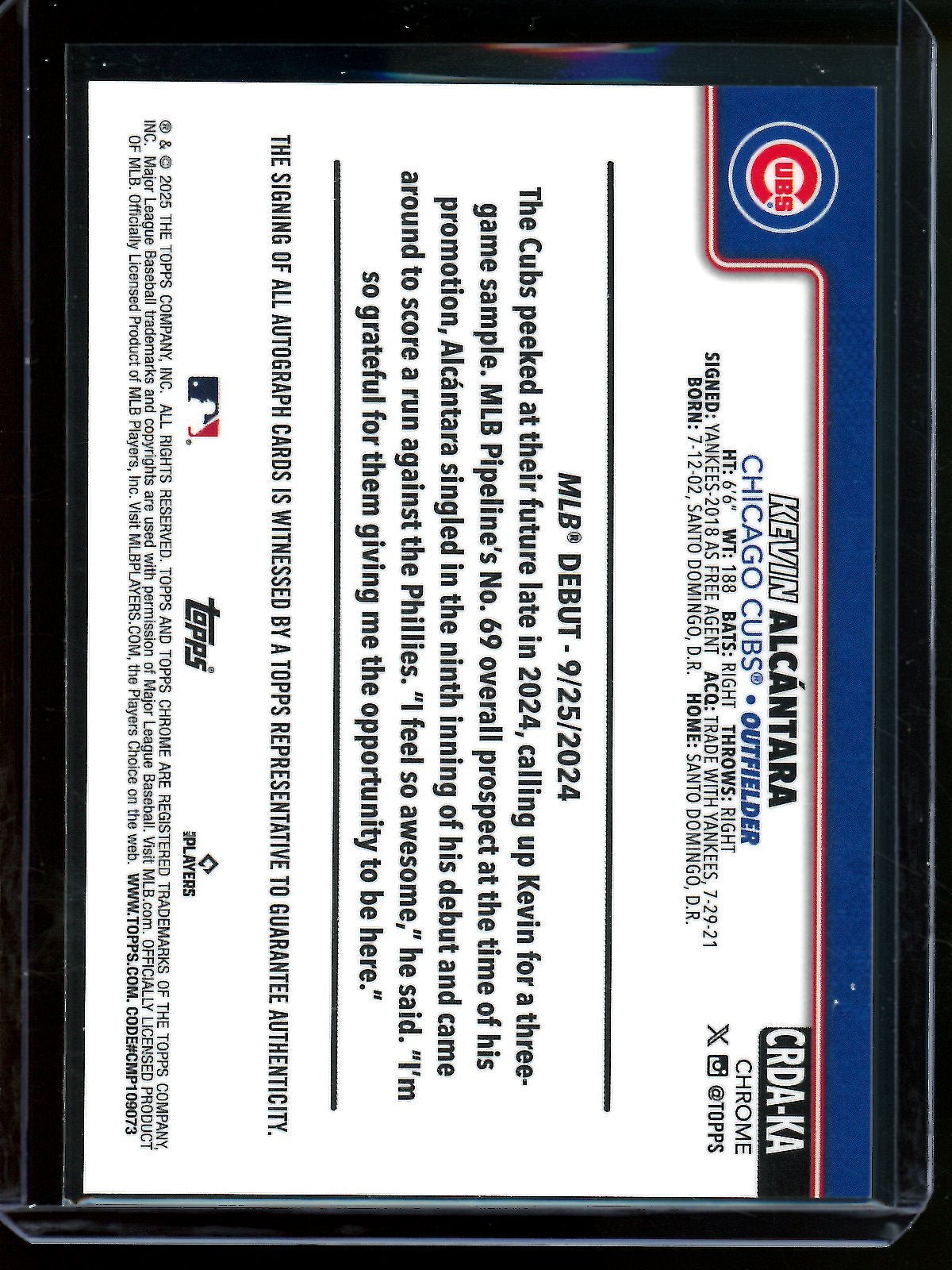 2025 Topps Chrome Kevin Alcantara Gold Rookie Autograph /50 Cubs - Trading Card Market
