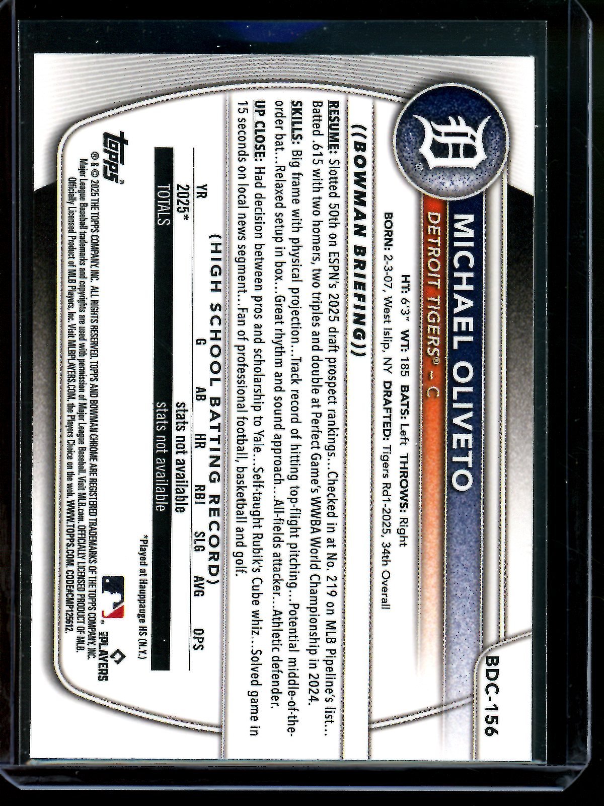 2025 Bowman Chrome Michael Oliveto 1st Snakeskin /75 Tigers - Trading Card Market