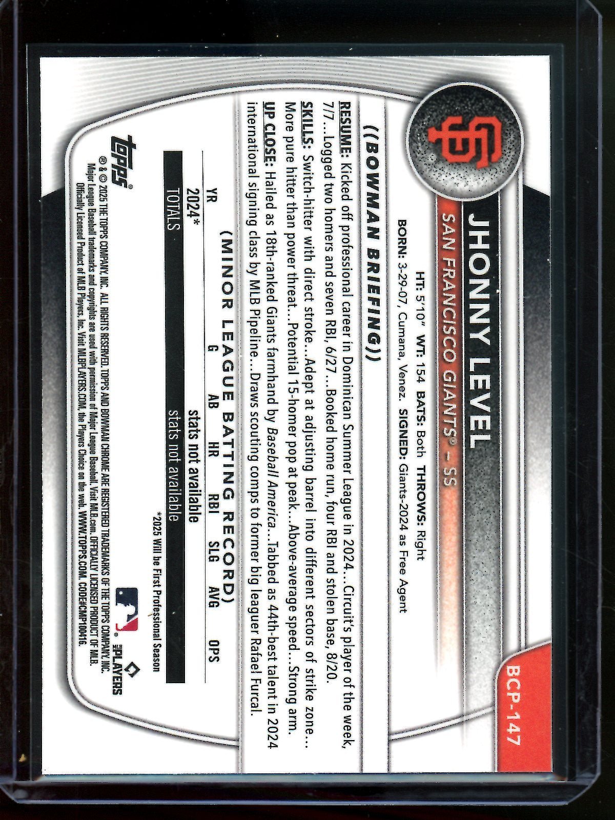 2025 Bowman Chrome Jhonny Level 1st Blue Raywave Refractor /150 Giants - Trading Card Market