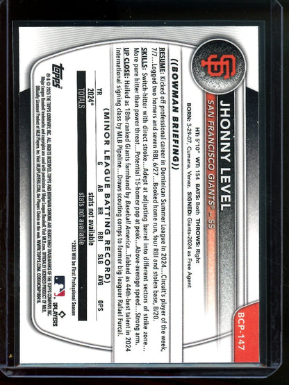 2025 Bowman Chrome Jhonny Level 1st Blue Raywave Refractor /150 Giants - Trading Card Market