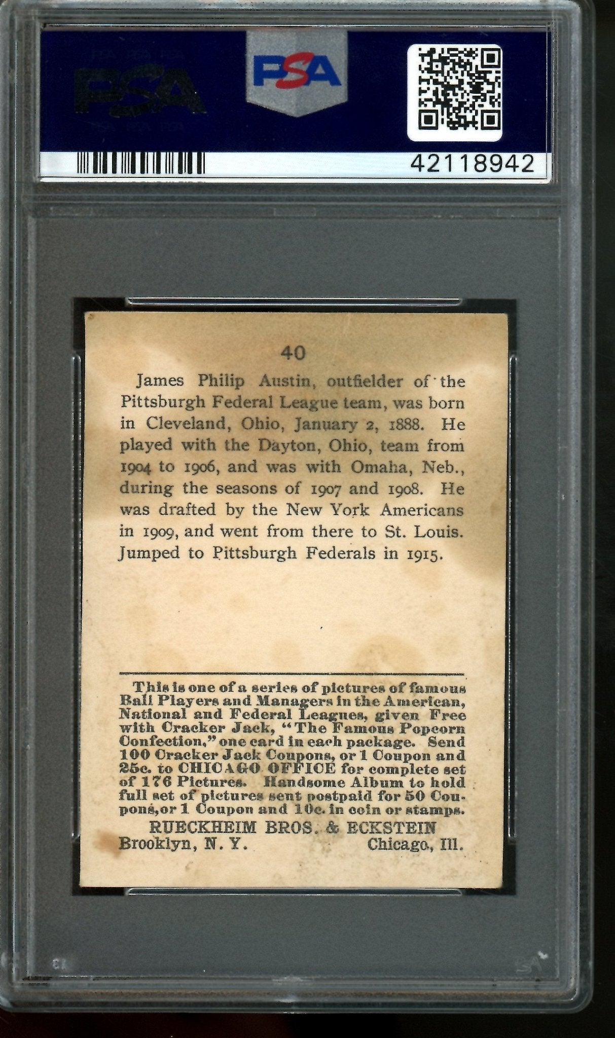 1915 Cracker Jack Jimmy Austin 40 PSA 2 Pittsburgh Federals - Trading Card Market