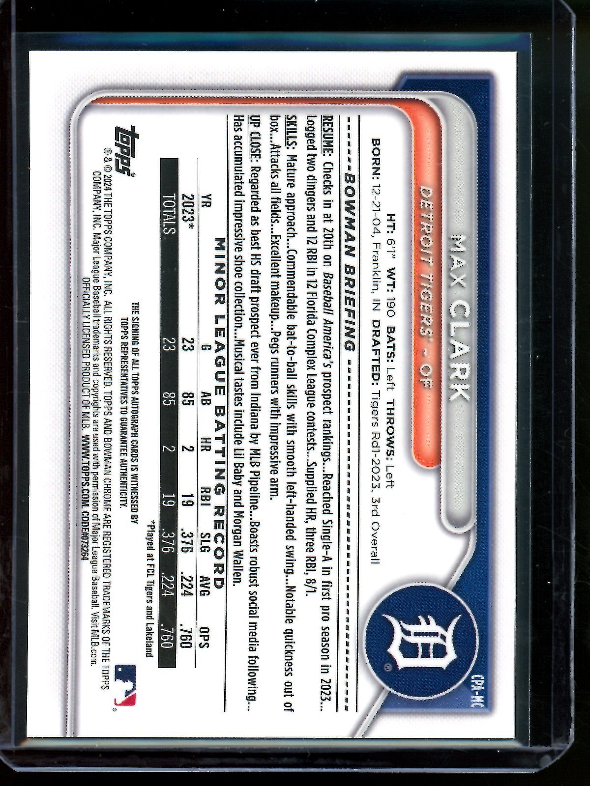 2024 Bowman Chrome Max Clark True Orange Autograph /25 Tigers - Trading Card Market