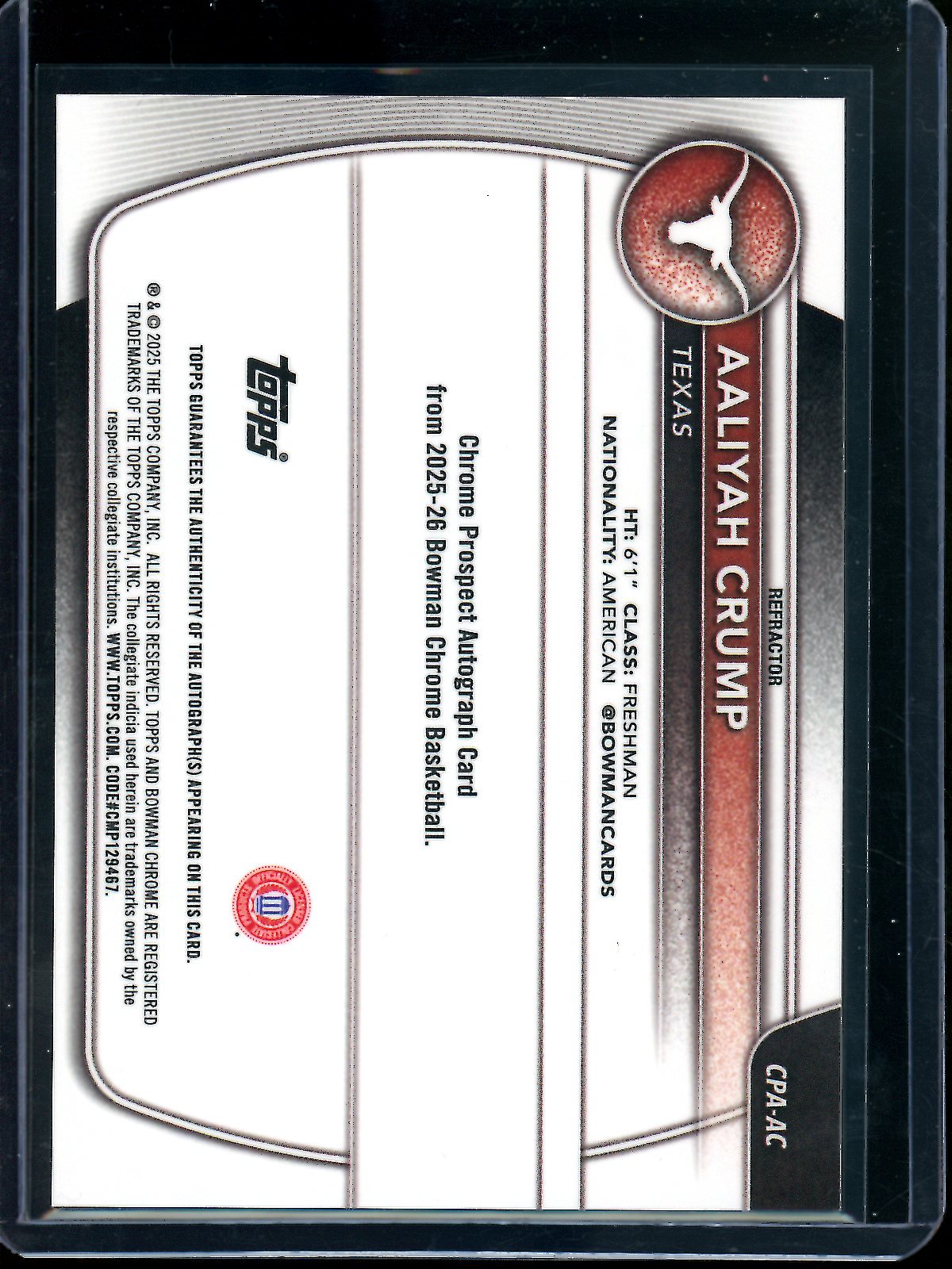 2025 Bowman Chrome Aaliyah Crump Refractor Autograph /499 Texas - Trading Card Market