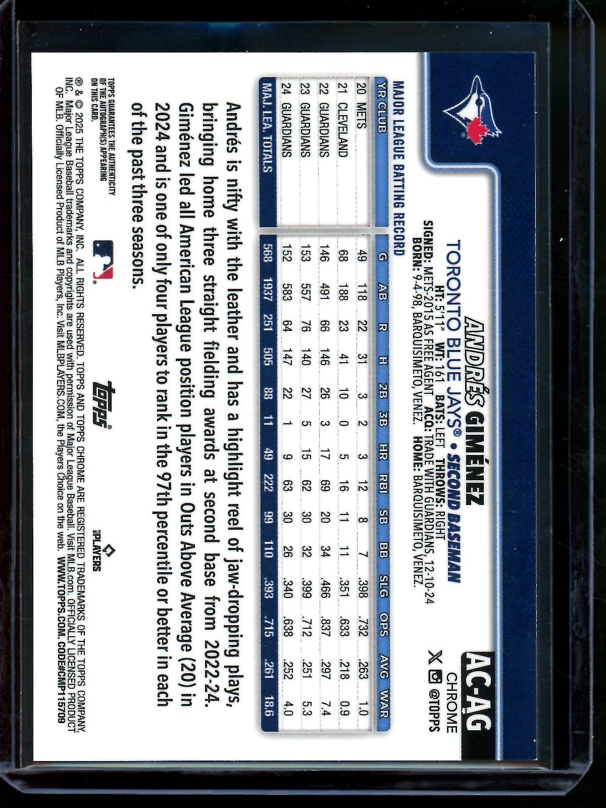 2025 Topps Chrome Andres Gimenez Gold Wave Autograph /50 Blue Jays - Trading Card Market