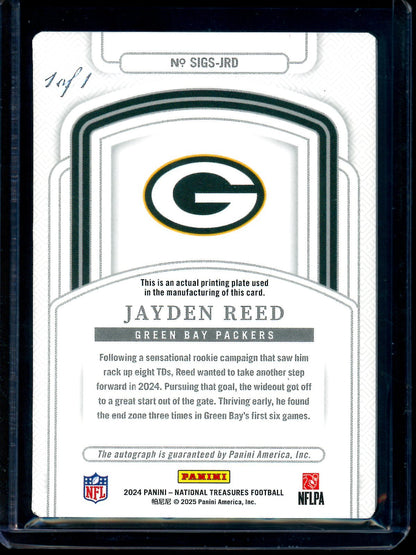 2024 Panini National Treasures Jayden Reed Silver Ink Autograph Printing Plate 1/1 Packers - Trading Card Market