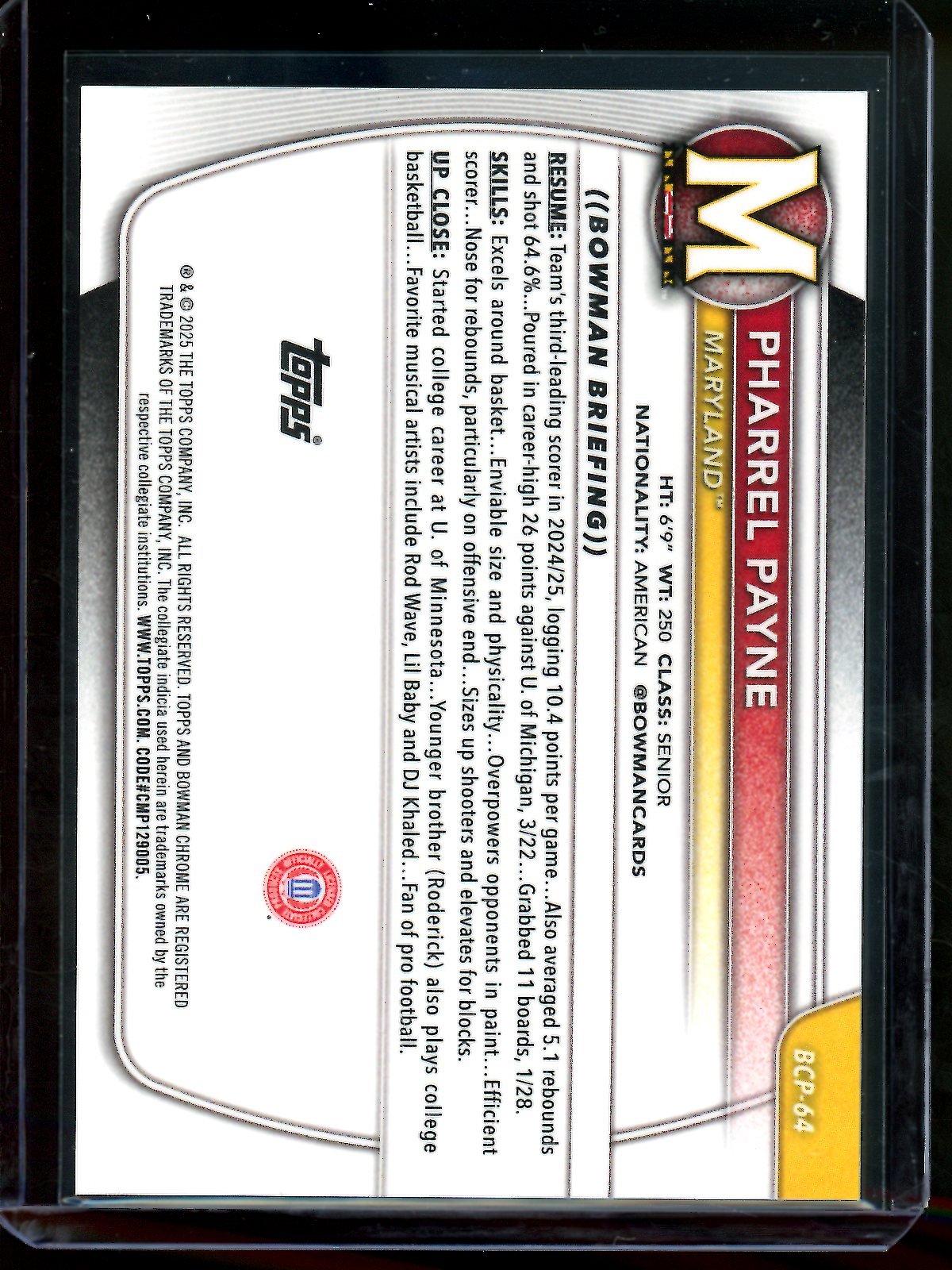 2025 Bowman U Chrome Pharrel Payne 1st Bowman /15 Maryland - Trading Card Market