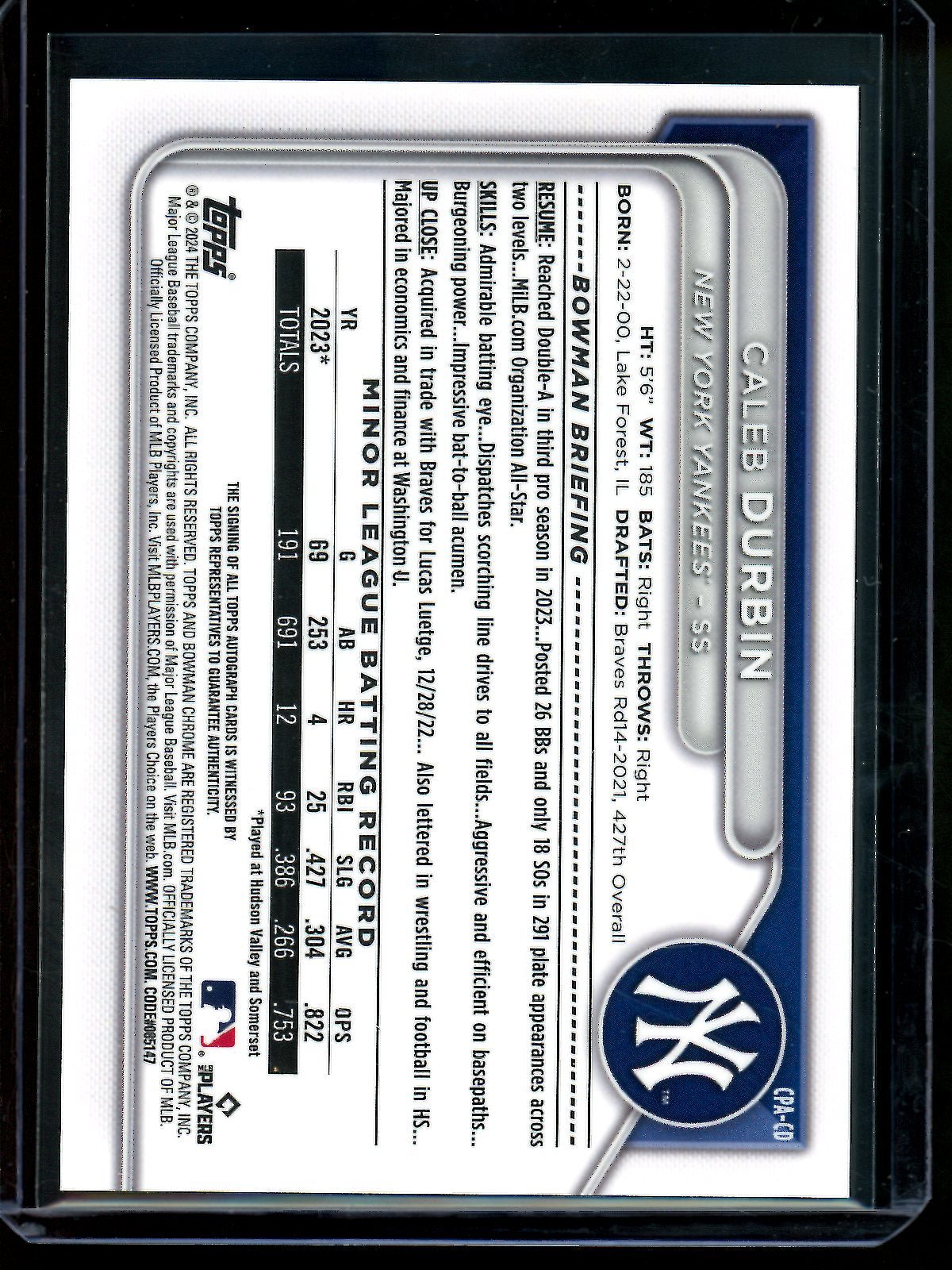 2024 Bowman Chrome Caleb Durbin Purple 1st Autograph /250 Yankees - Trading Card Market