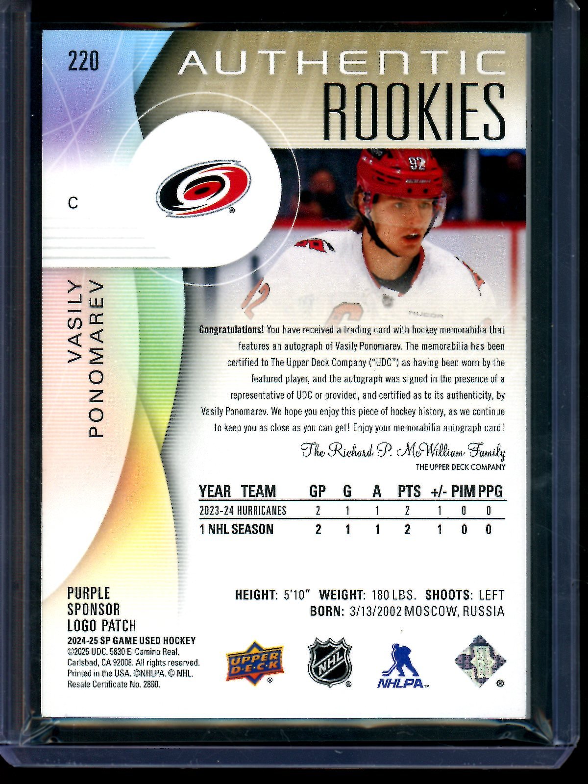 2025 Upper Deck SP Game Used Vasily Ponomarev Authentic Rookie Patch Autographs /2 Hurricanes - Trading Card Market