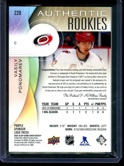 2025 Upper Deck SP Game Used Vasily Ponomarev Authentic Rookie Patch Autographs /2 Hurricanes - Trading Card Market