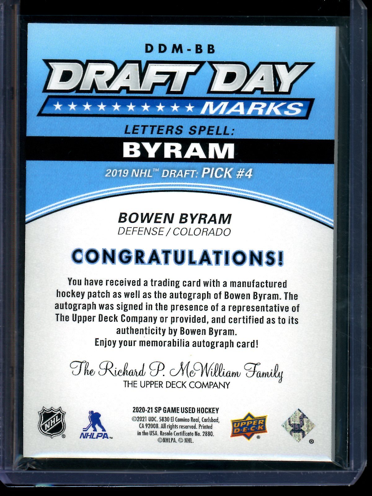 2021 Upper Deck Upper Deck Bowen Byram Draft Day Marks Autograph Patch /35 Colorado - Trading Card Market