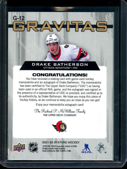 2022 Upper Deck Stature Drake Batherson Gravitas Patch Autograph /7 Senators - Trading Card Market