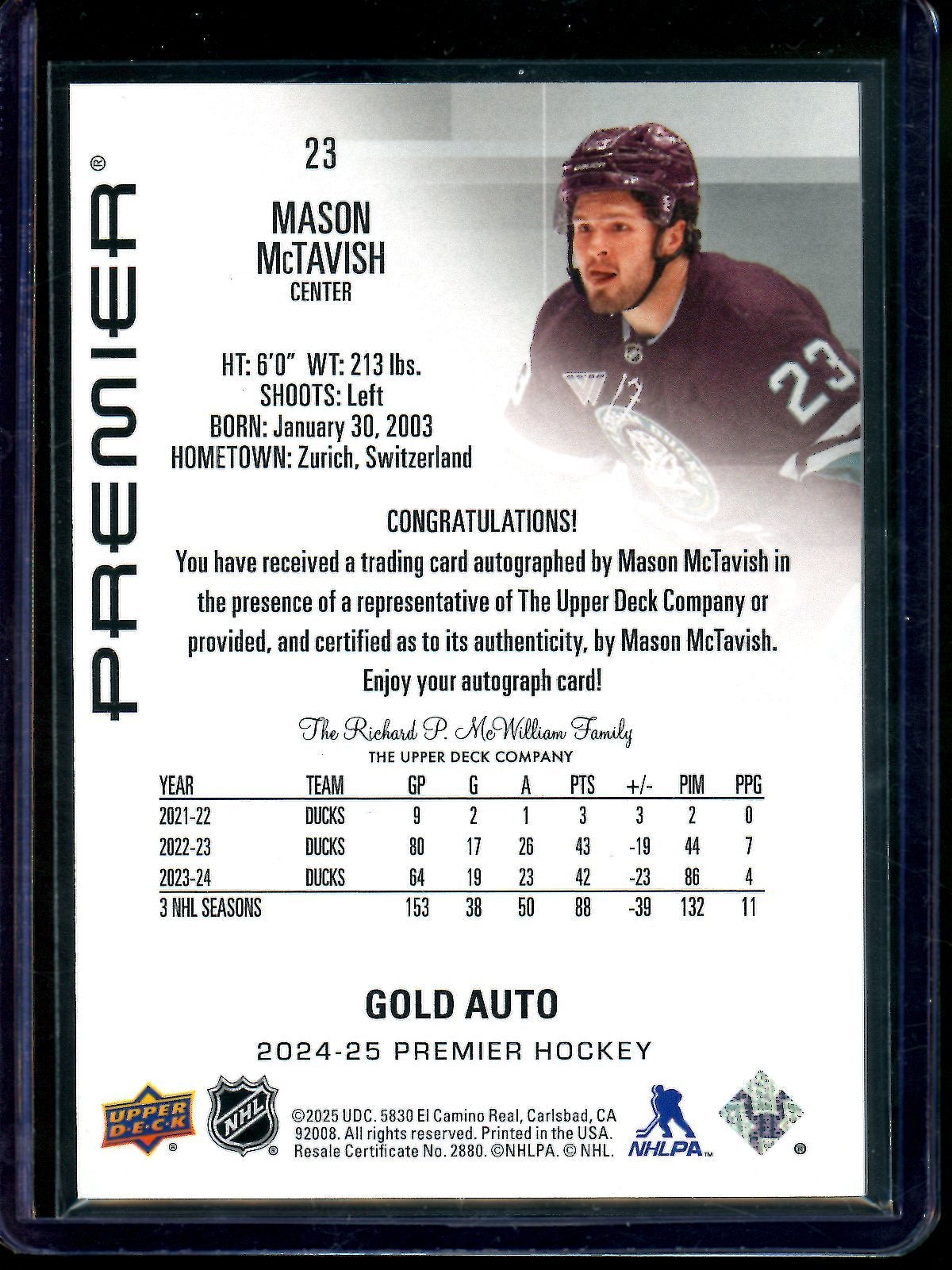 2025 Upper Deck Premier Mason McTavish Autograph /25 Ducks - Trading Card Market