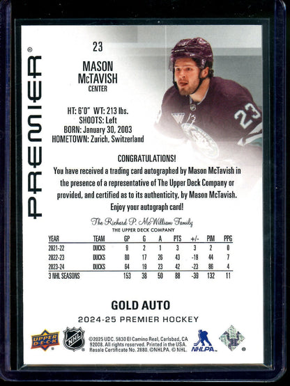 2025 Upper Deck Premier Mason McTavish Autograph /25 Ducks - Trading Card Market