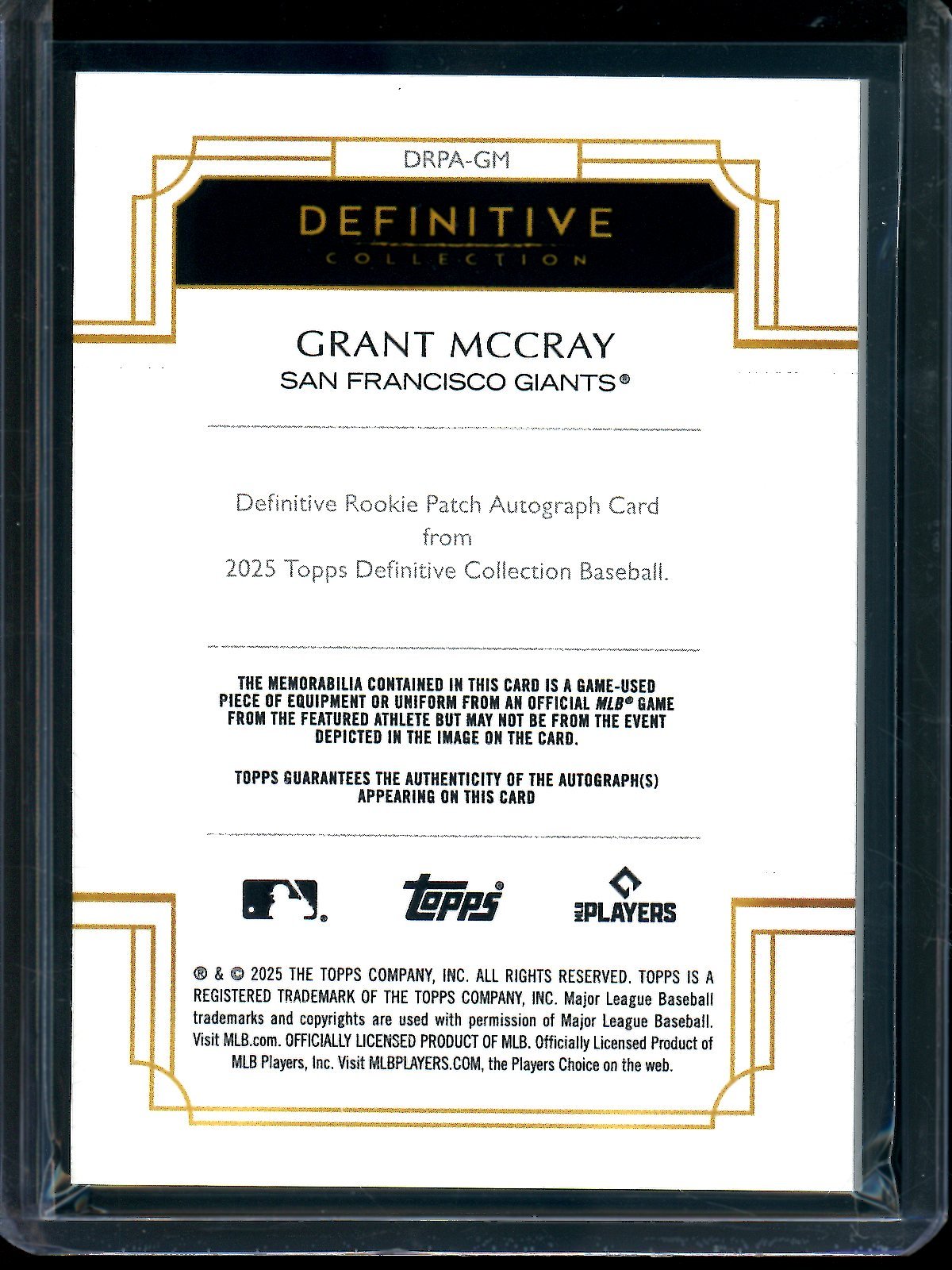 2025 Topps Definitive Grant McCray Patch Relic Autograph Rookie /50 Giants - Trading Card Market