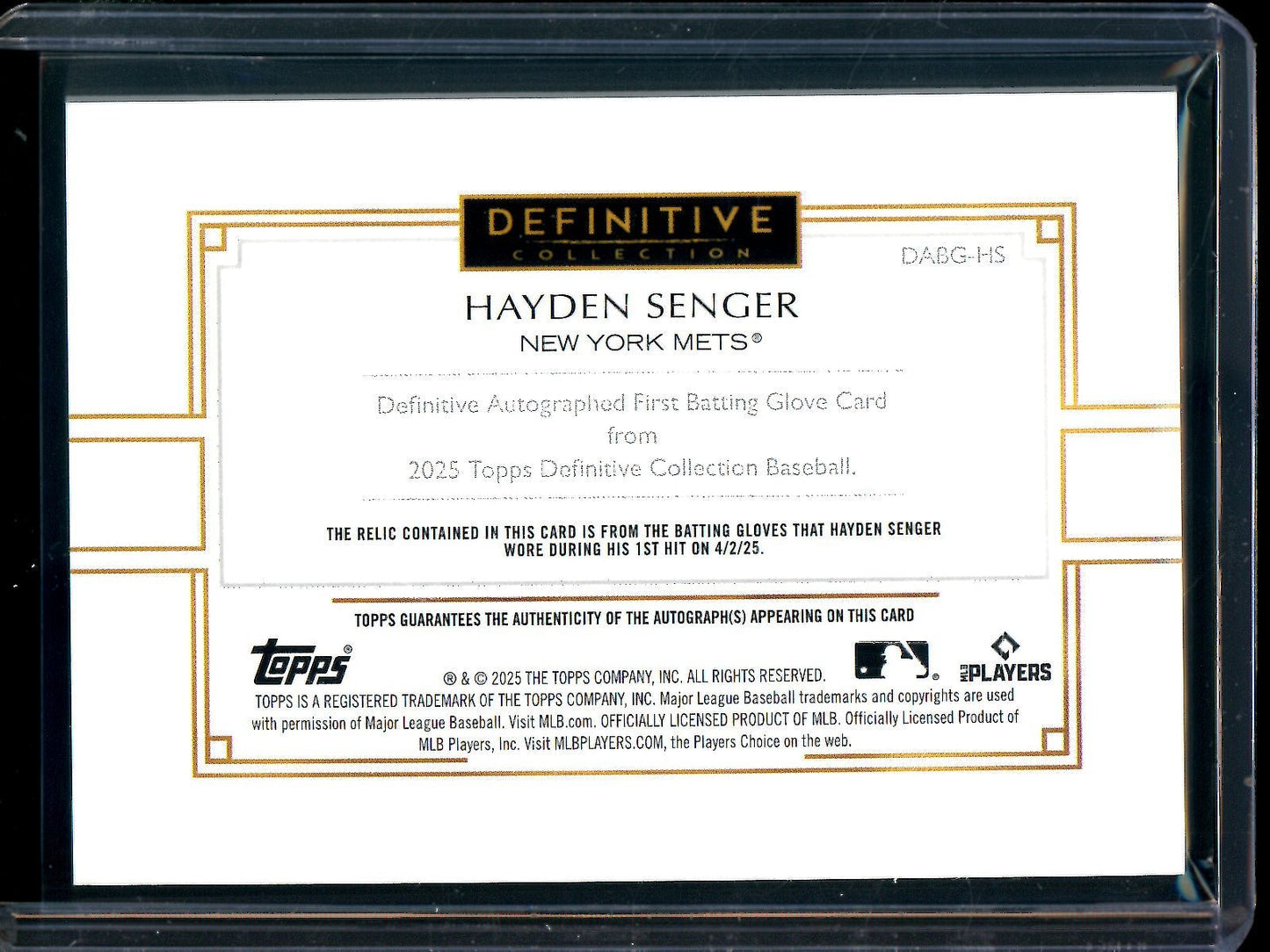 2025 Topps Definitive Hayden Senger First Batting Glove Autograph Relic /10 Mets - Trading Card Market