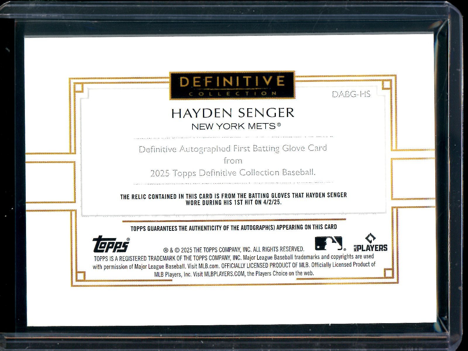 2025 Topps Definitive Hayden Senger First Batting Glove Autograph Relic /10 Mets - Trading Card Market