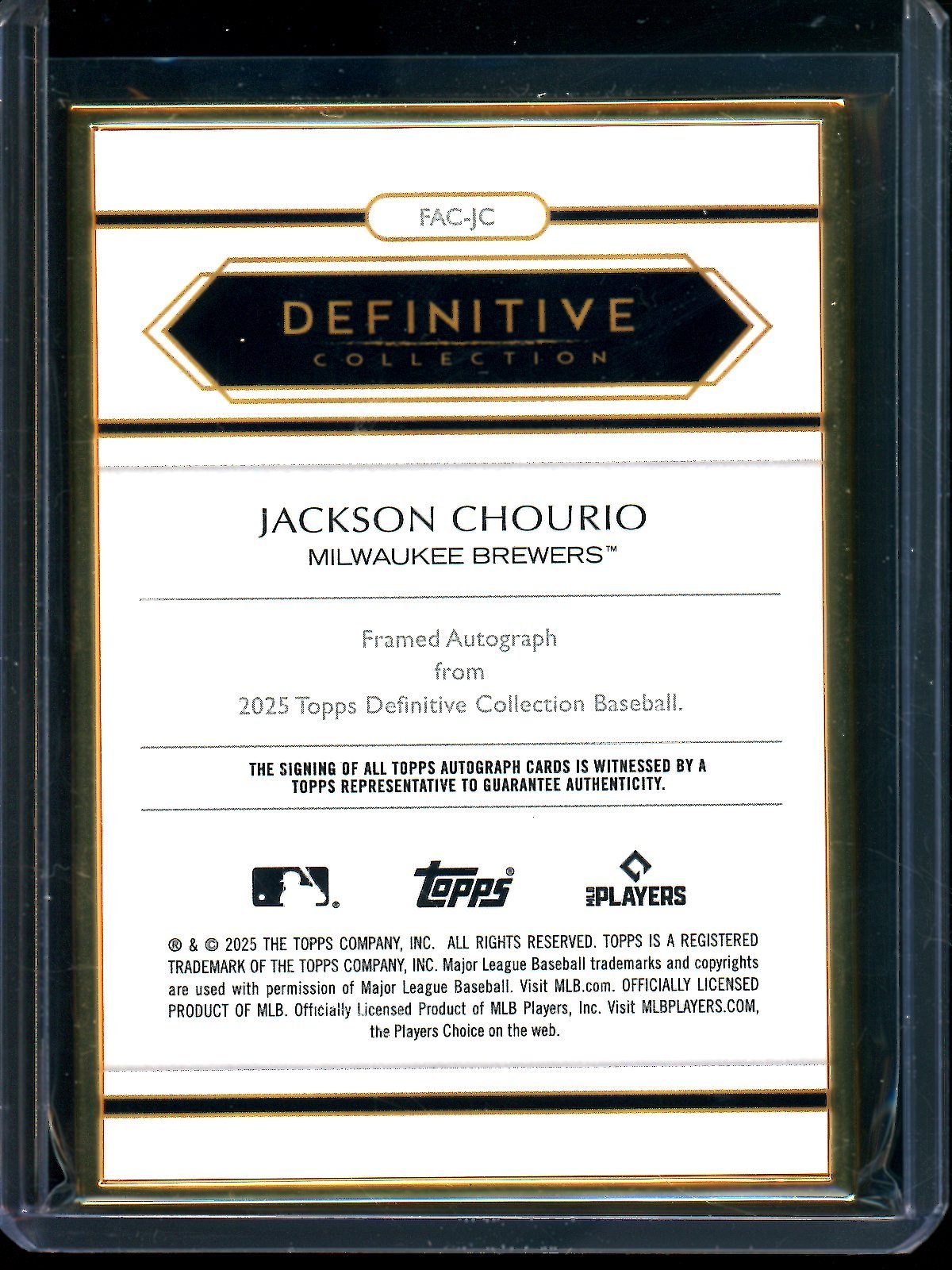 2025 Topps Definitive Jackson Chourio Gold Frame Autograph /25 Brewers - Trading Card Market