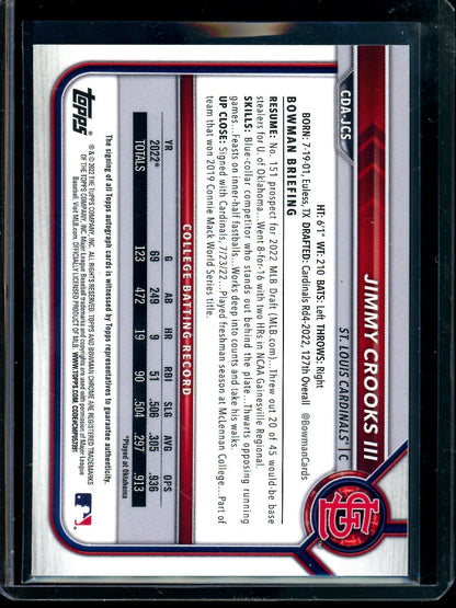 2022 Bowman Chrome Jimmy Crooks III Aqua Wave 1st Autograph /199 Cardinals - Trading Card Market