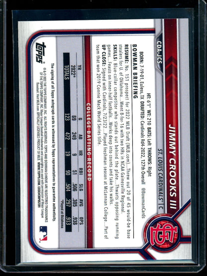 2022 Topps Bowman Chrome Jimmy Crooks III B Purple 1st Autograph /250 Cardinals - Trading Card Market