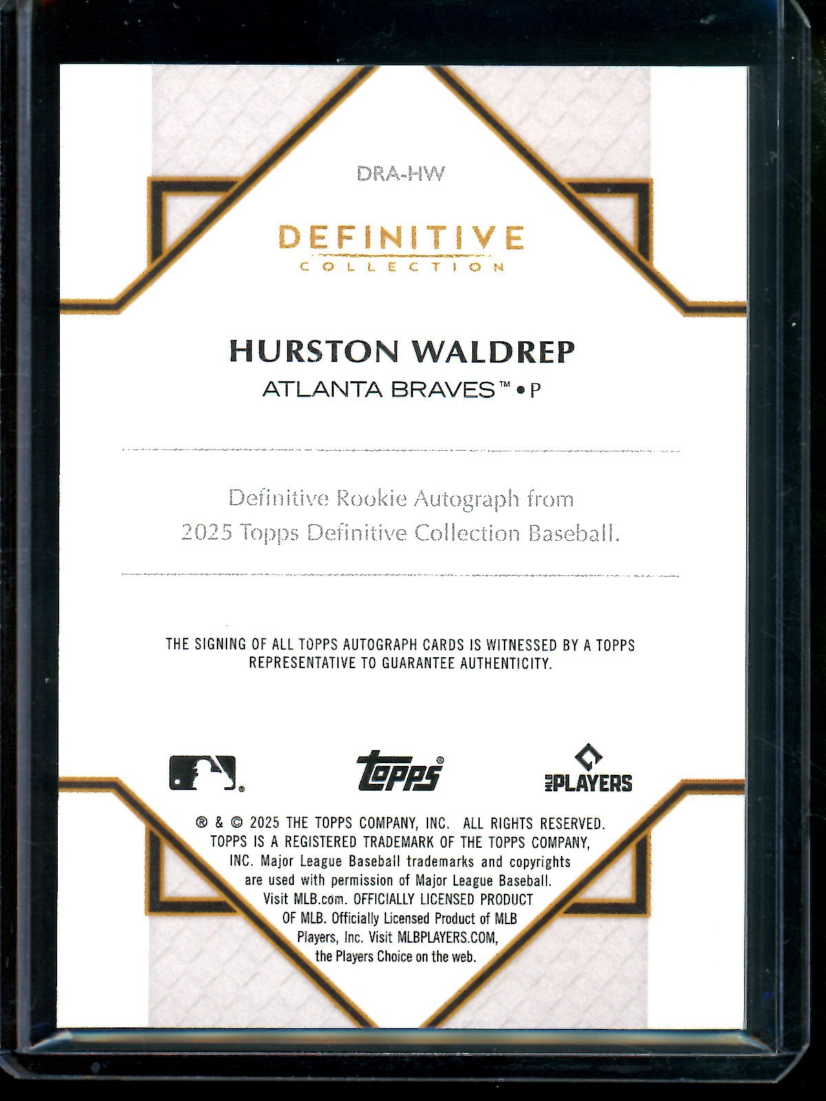 2025 Topps Definitive Hurston Waldrep Black Rookie Autograph /10 Braves - Trading Card Market