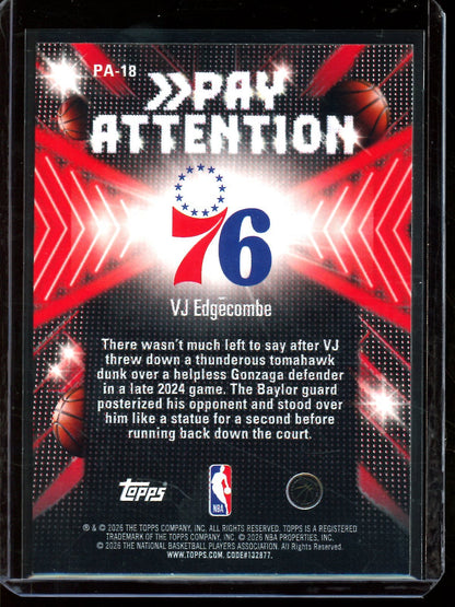 2026 Panini Hoops VJ Edgecombe Pay Attention Rookie /99 Purple 76ers - Trading Card Market