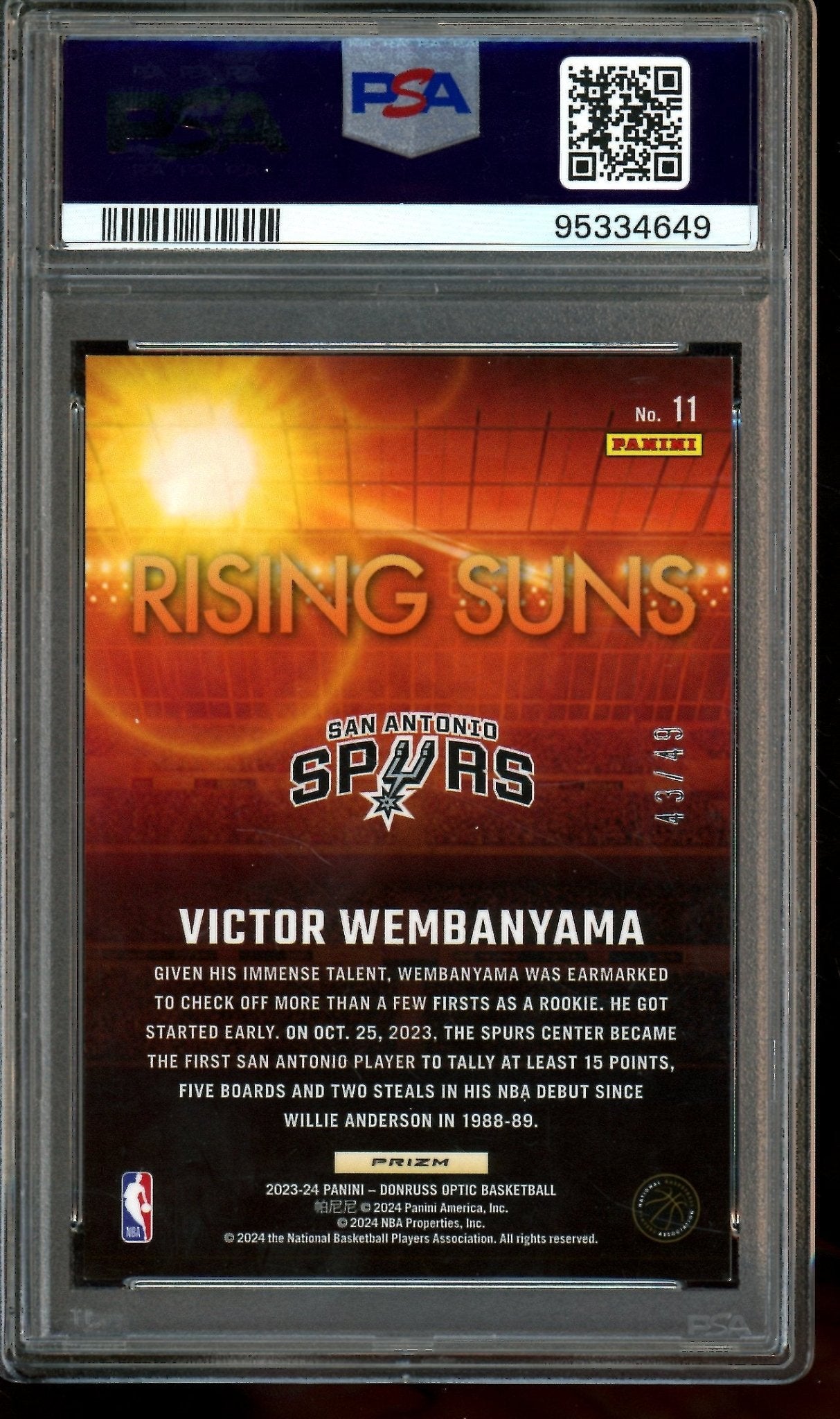 2023 Panini Optic Victor Wembanyama Rising Suns Blue Rookie /49 PSA 9 Spurs - Trading Card Market