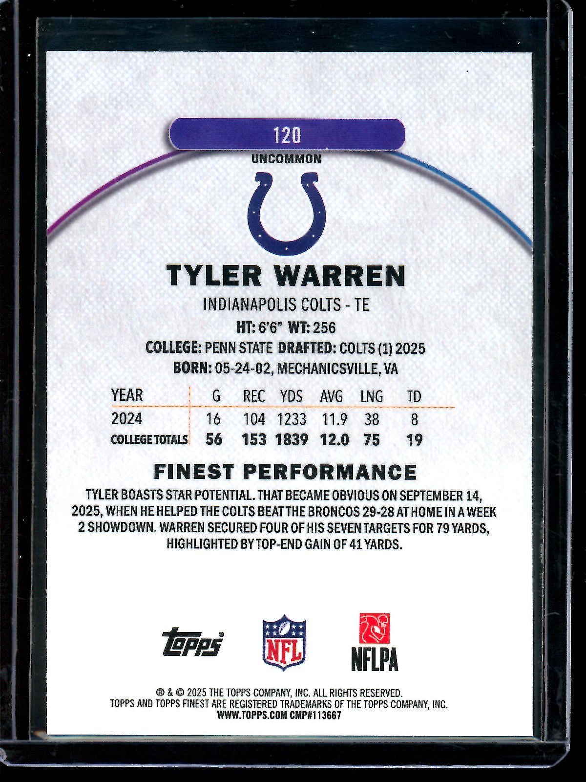2025 Topps Finest Tyler Warren Blue Geometric Rookie /75 Colts - Trading Card Market