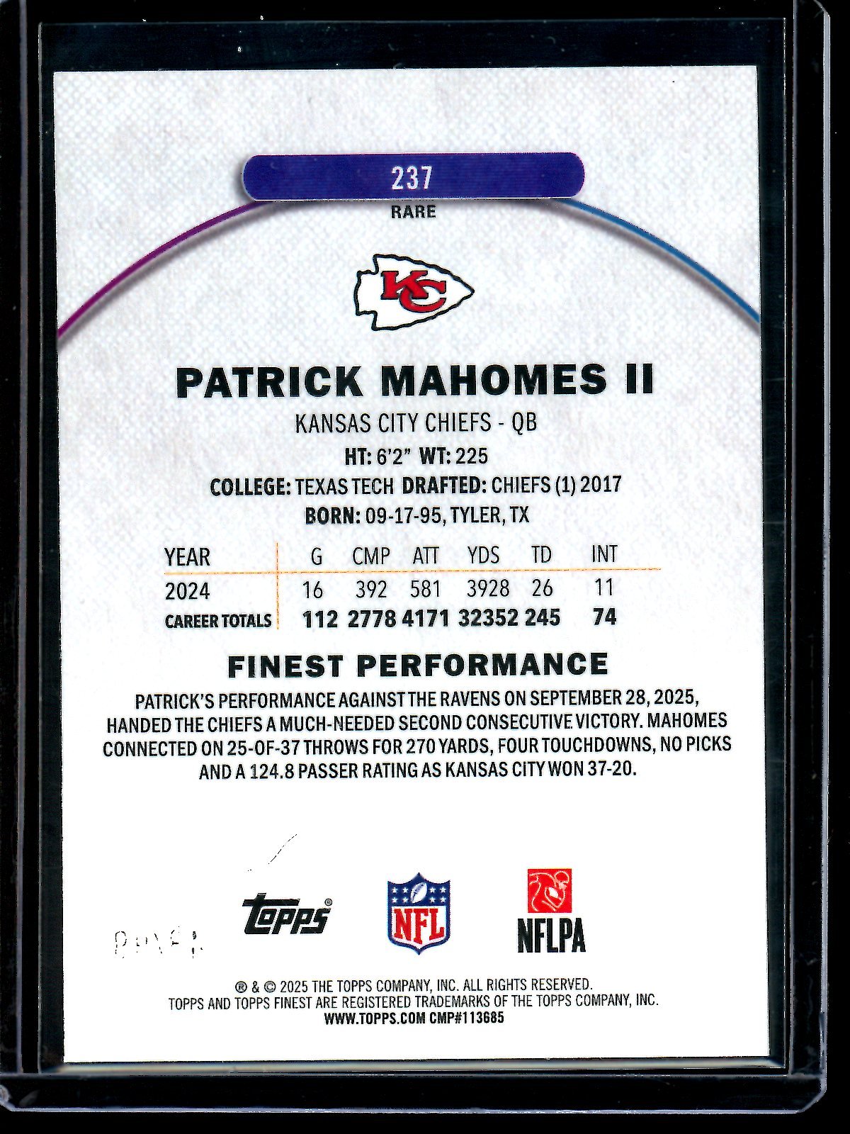 2025 Topps Finest Patrick Mahomes II Rare Blue Refractor /99 Chiefs - Trading Card Market