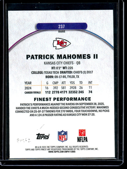 2025 Topps Finest Patrick Mahomes II Rare Blue Refractor /99 Chiefs - Trading Card Market