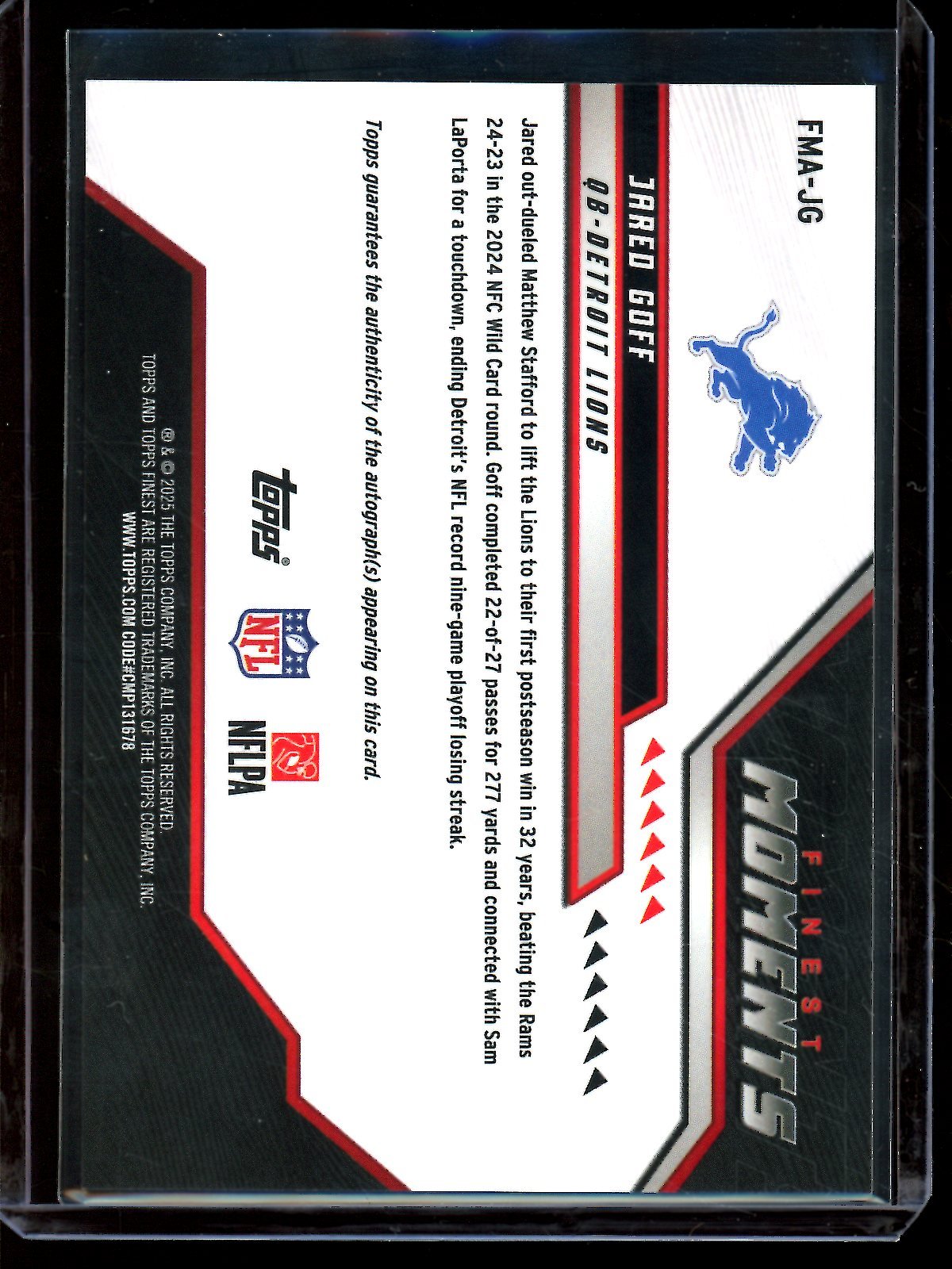 2025 Topps Finest Jared Goff Finest Moments Black Autograph /10 Lions - Trading Card Market