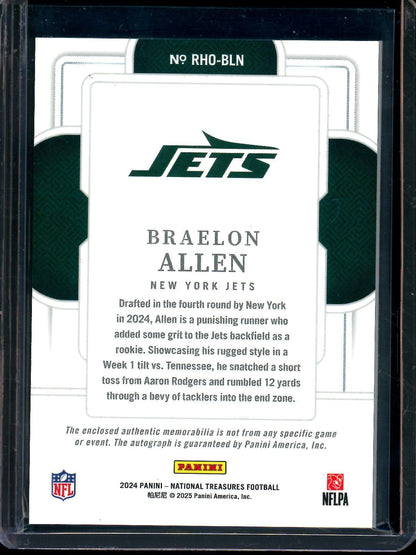 2024 Panini National Treasures Braelon Allen Rookie Hats Off Patch Autograph /3 Jets - Trading Card Market