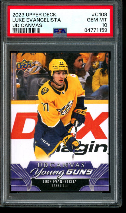 2023 Upper Deck Series 1 Luke Evangelista UD Canvas Young Guns PSA 10 Nashville