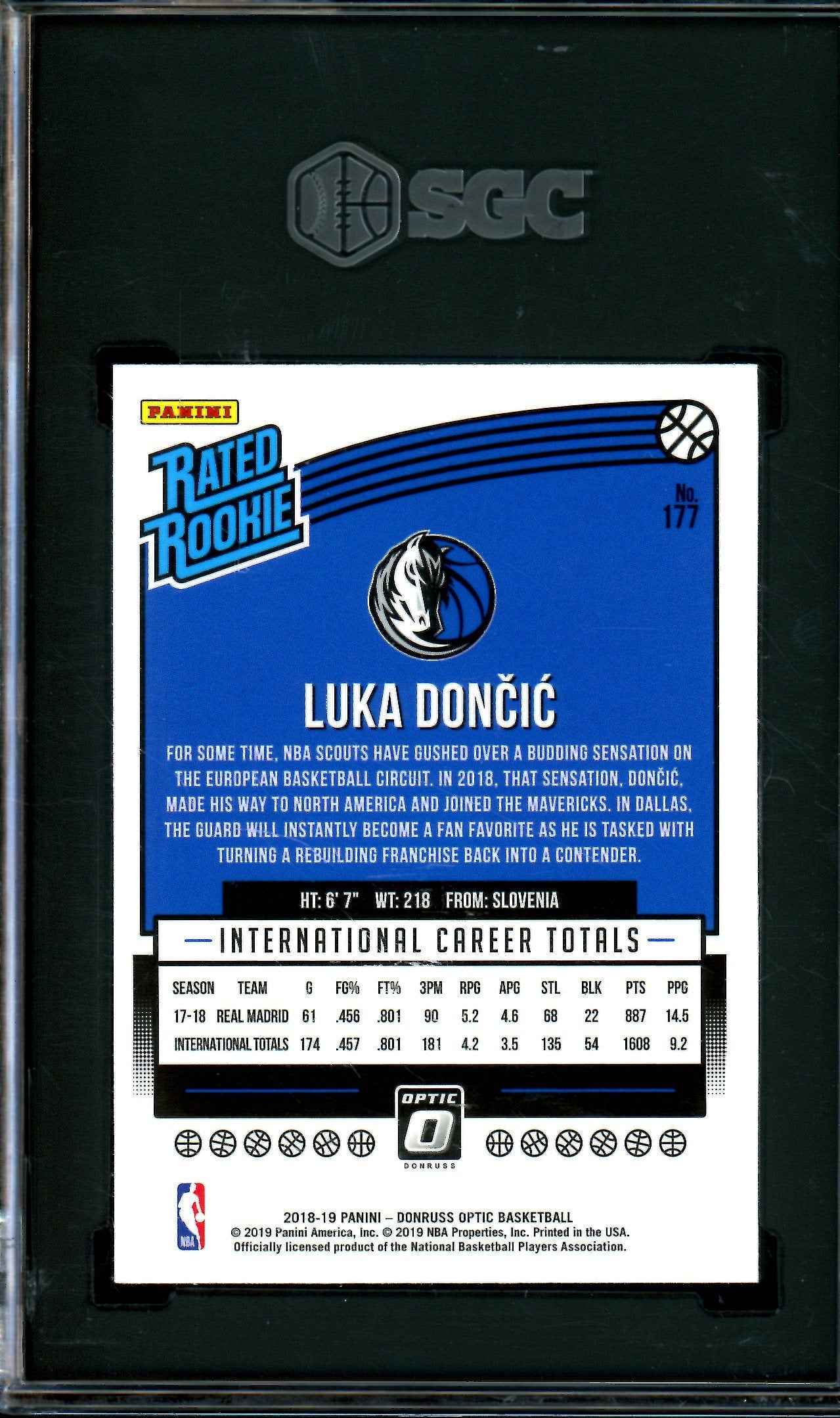 2018 Panini Optic Luka Doncic Rated Rookie SGC 9 Mavericks / Lakers