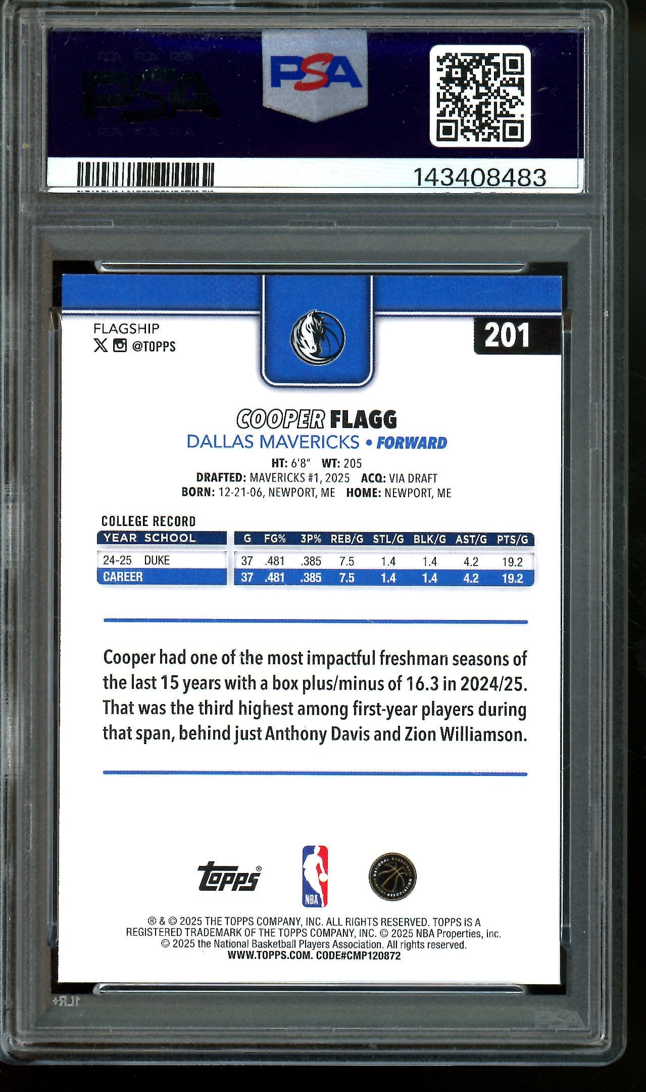 2025 Topps Flagship Cooper Flagg Season Tip Off Rookie PSA 9 Mavericks