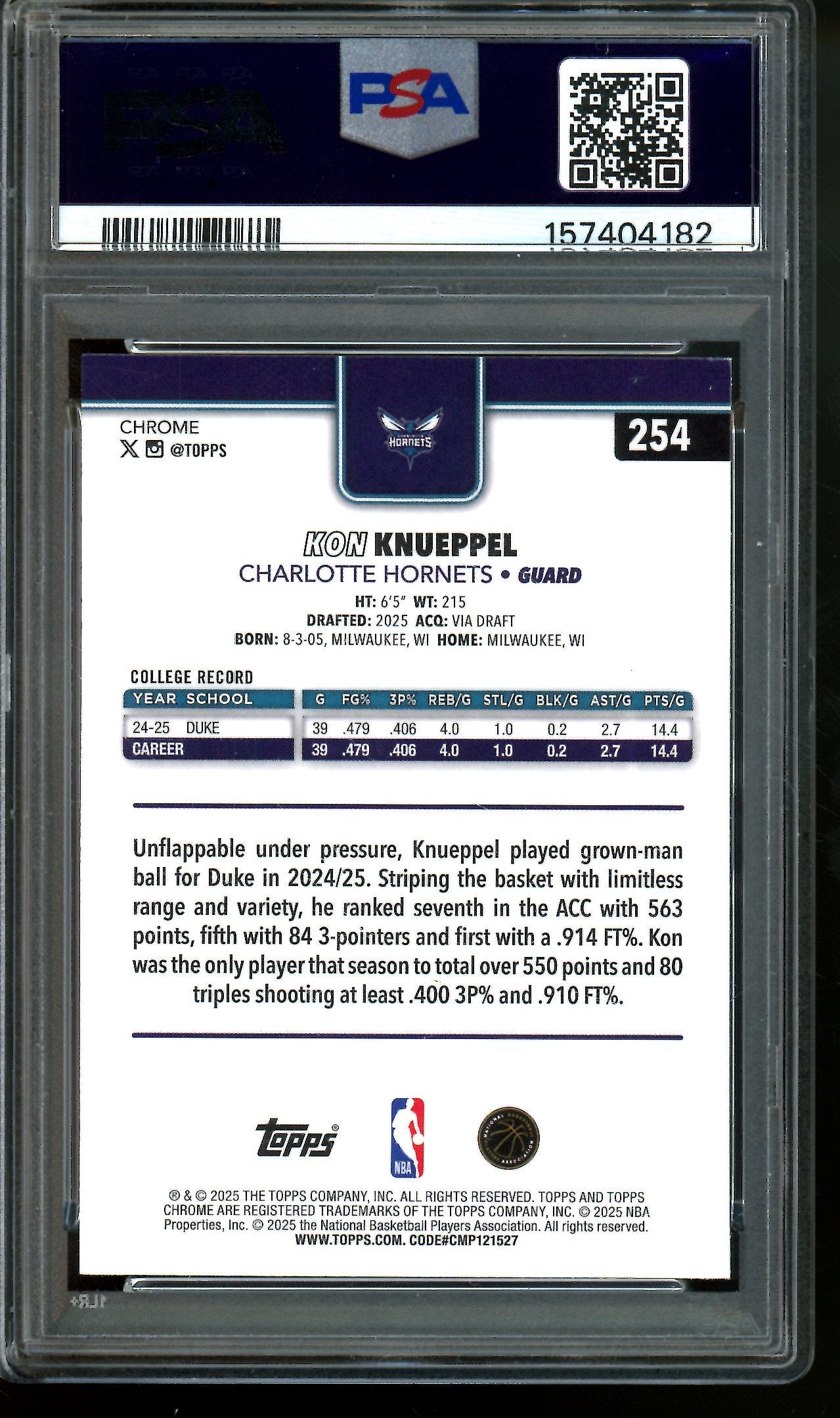 2025 Topps Chrome Kon Knueppel Rookie Basketball Refractor PSA 9 Hornets