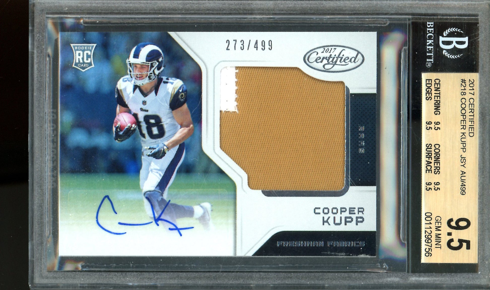 2017 Panini Certified Cooper Kupp Freshman Fabrics Rookie Patch Autograph /499 BGS 9.5 Rams
