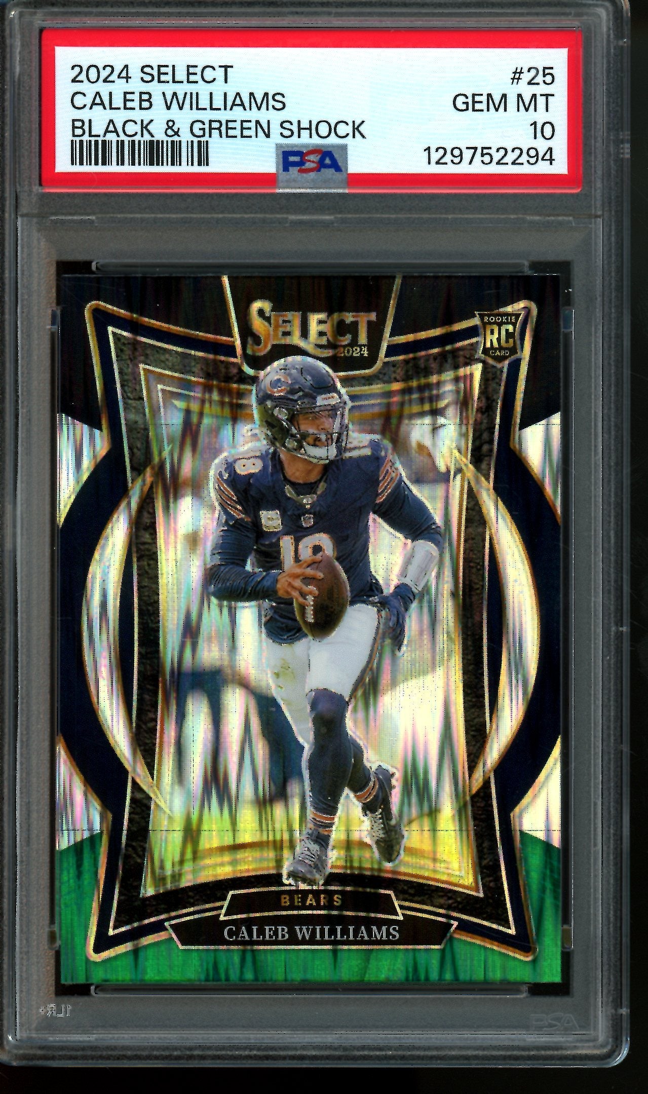 2024 Panini Select Caleb Williams Black and Green Shock Rookie PSA 10 Bears